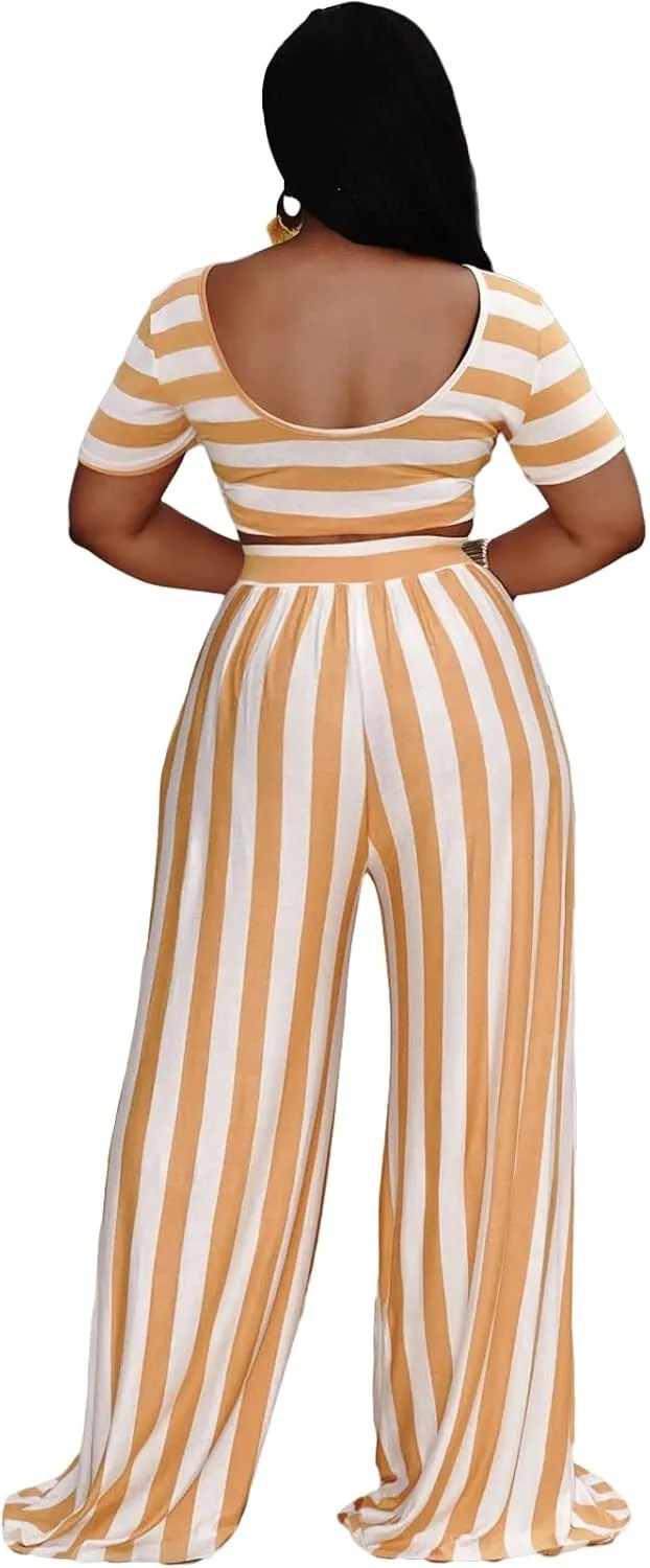 BOGURST 2 Piece Outfits for Women Short Sleeve Crop Top High Waist Wide Leg Pants Sets Jumpsuits Set