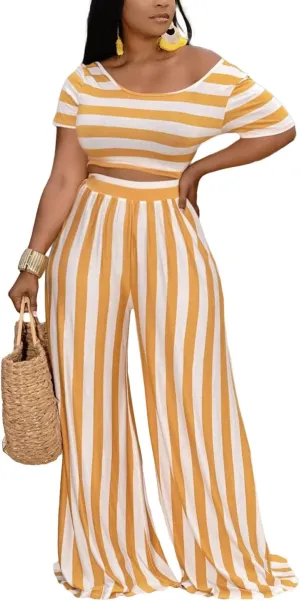 BOGURST 2 Piece Outfits for Women Short Sleeve Crop Top High Waist Wide Leg Pants Sets Jumpsuits Set