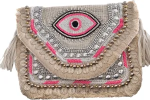 Boho Evil Eye Crossbody Bag  Handmade Embellished Banjara Purse in Off White & Pink | Designer Festival Shoulder Bag with Beads & Mirror Work, Stylish Bohemian Purse for Women