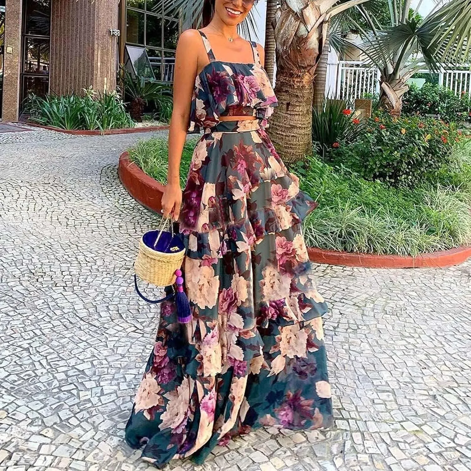 BORAMAX Two Piece Dress for Women Floral Printed Sexy Summer Strap Crop Tops and Maxi Skirt Sets Two Piece Long Maxi Dress