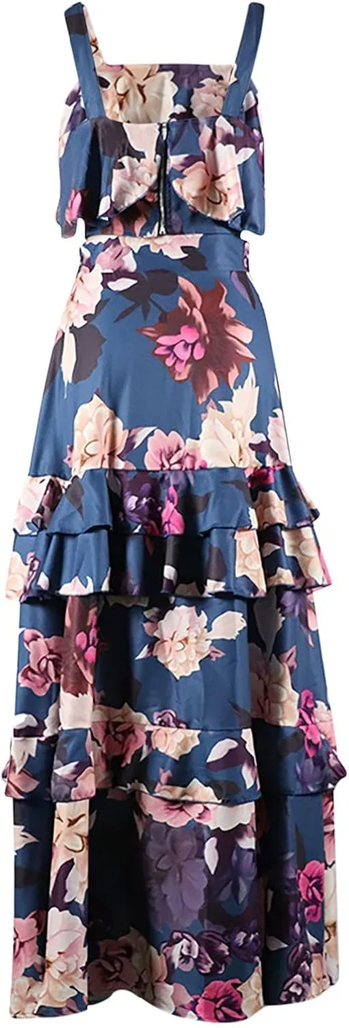 BORAMAX Two Piece Dress for Women Floral Printed Sexy Summer Strap Crop Tops and Maxi Skirt Sets Two Piece Long Maxi Dress