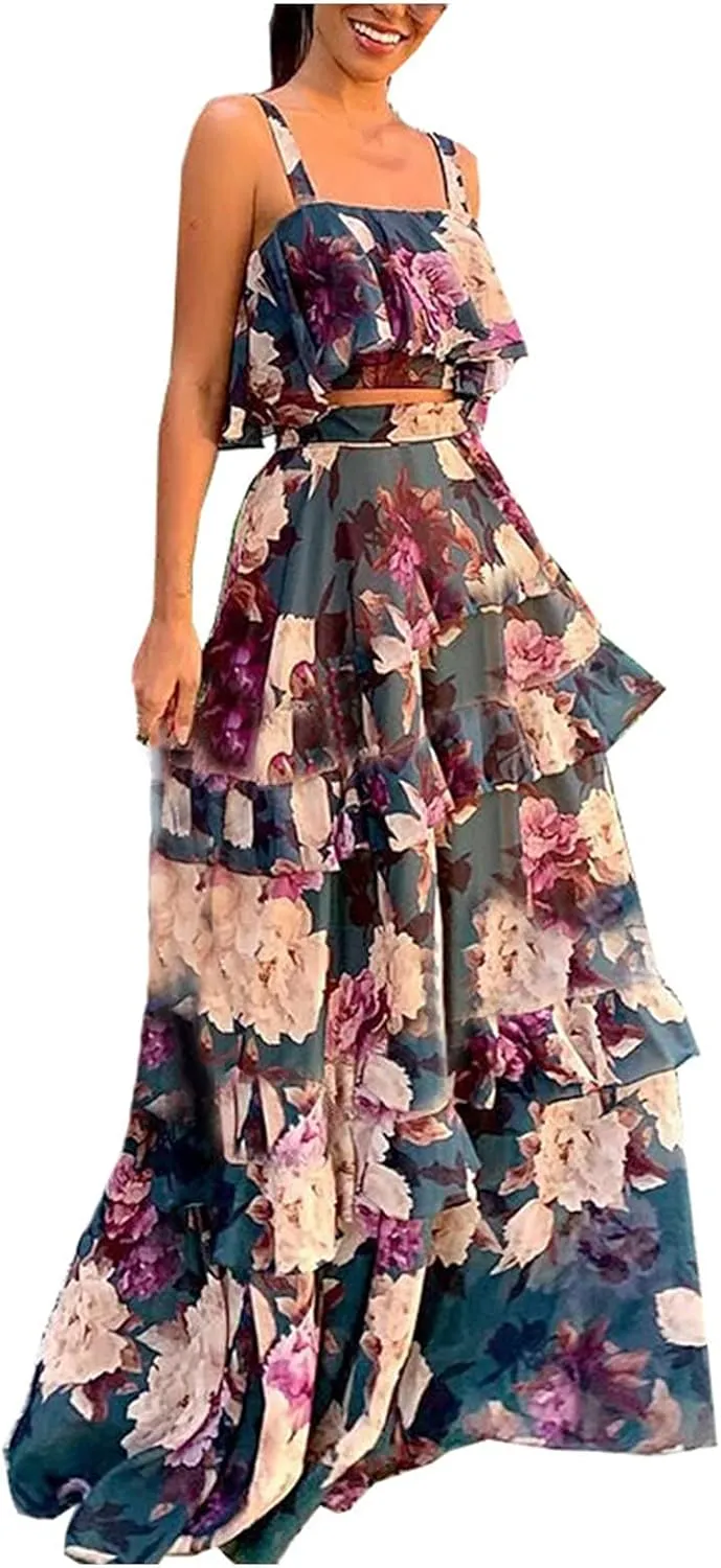 BORAMAX Two Piece Dress for Women Floral Printed Sexy Summer Strap Crop Tops and Maxi Skirt Sets Two Piece Long Maxi Dress