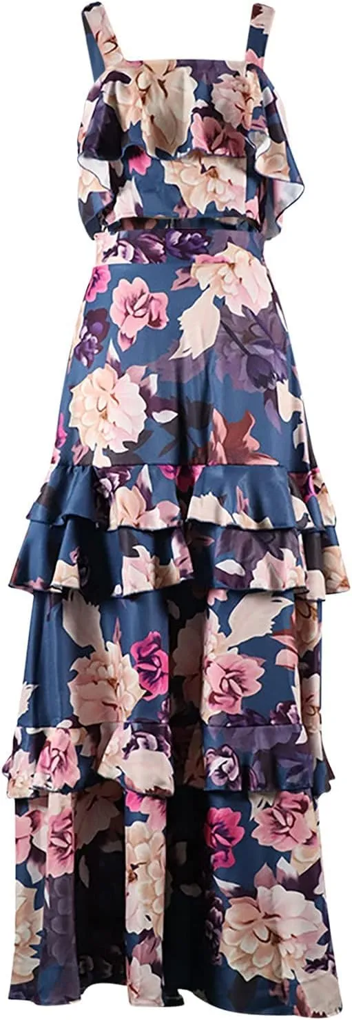 BORAMAX Two Piece Dress for Women Floral Printed Sexy Summer Strap Crop Tops and Maxi Skirt Sets Two Piece Long Maxi Dress