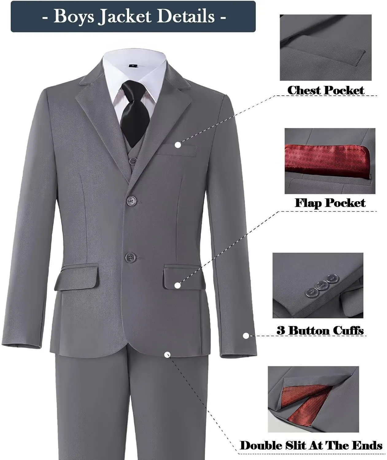 Boys Formal Suit Set with Dress Shirt Tie and Pocket Square, Adjustable Waist