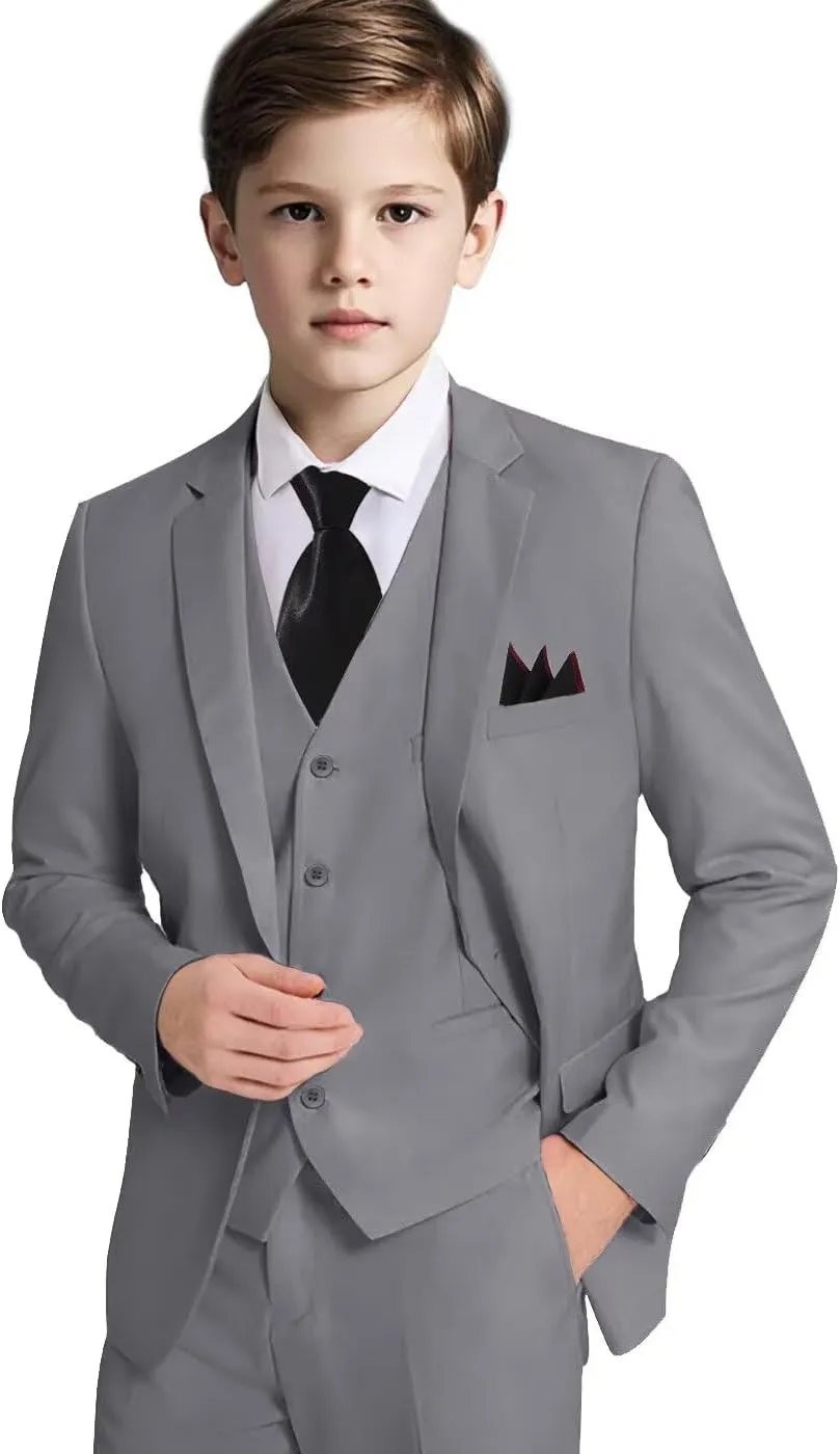 Boys Formal Suit Set with Dress Shirt Tie and Pocket Square, Adjustable Waist