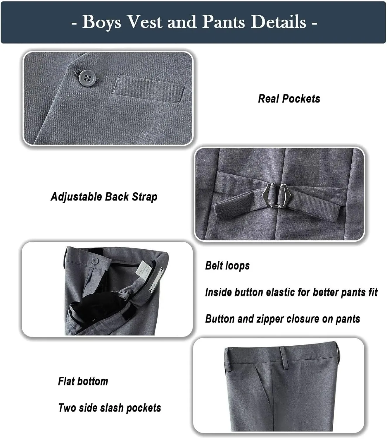 Boys Formal Suit Set with Dress Shirt Tie and Pocket Square, Adjustable Waist