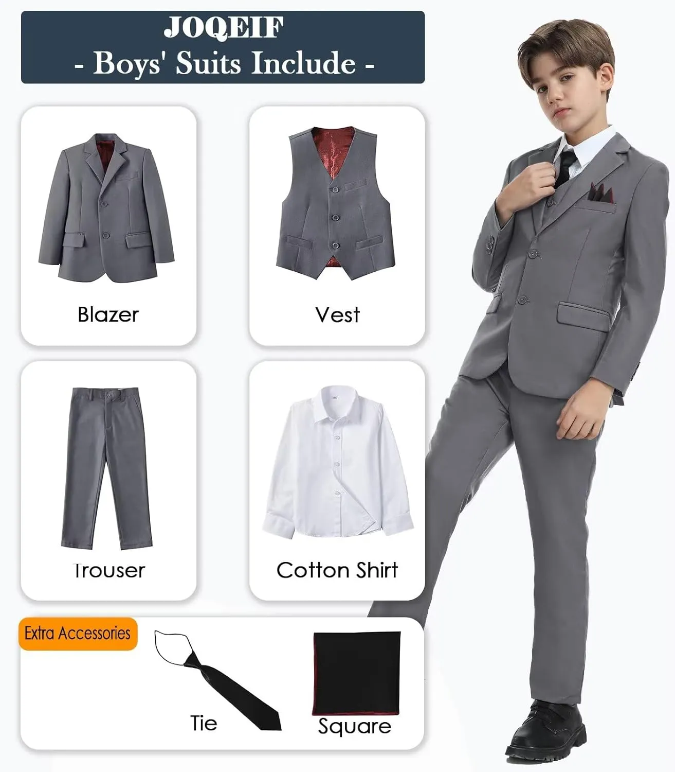 Boys Formal Suit Set with Dress Shirt Tie and Pocket Square, Adjustable Waist