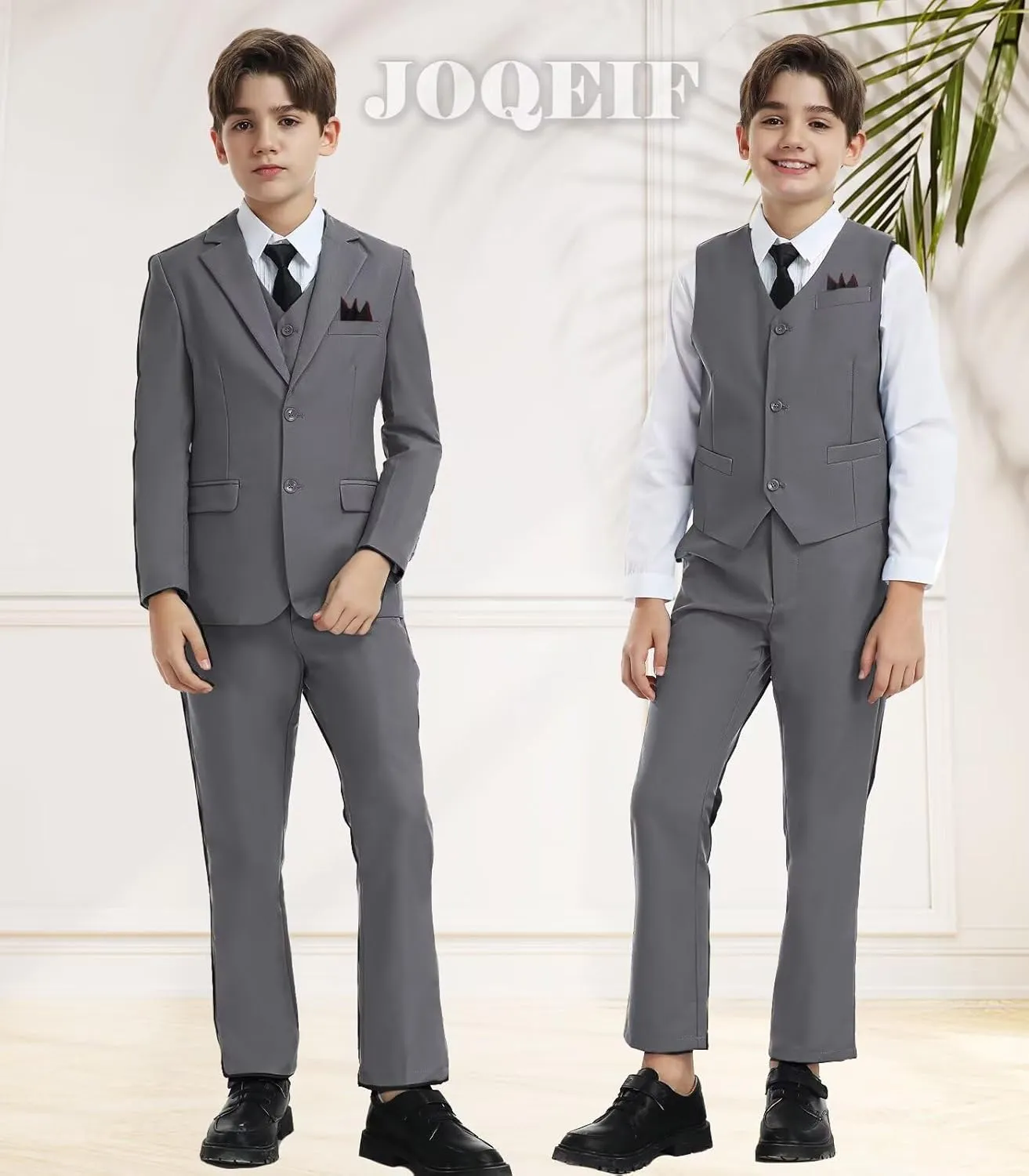 Boys Formal Suit Set with Dress Shirt Tie and Pocket Square, Adjustable Waist