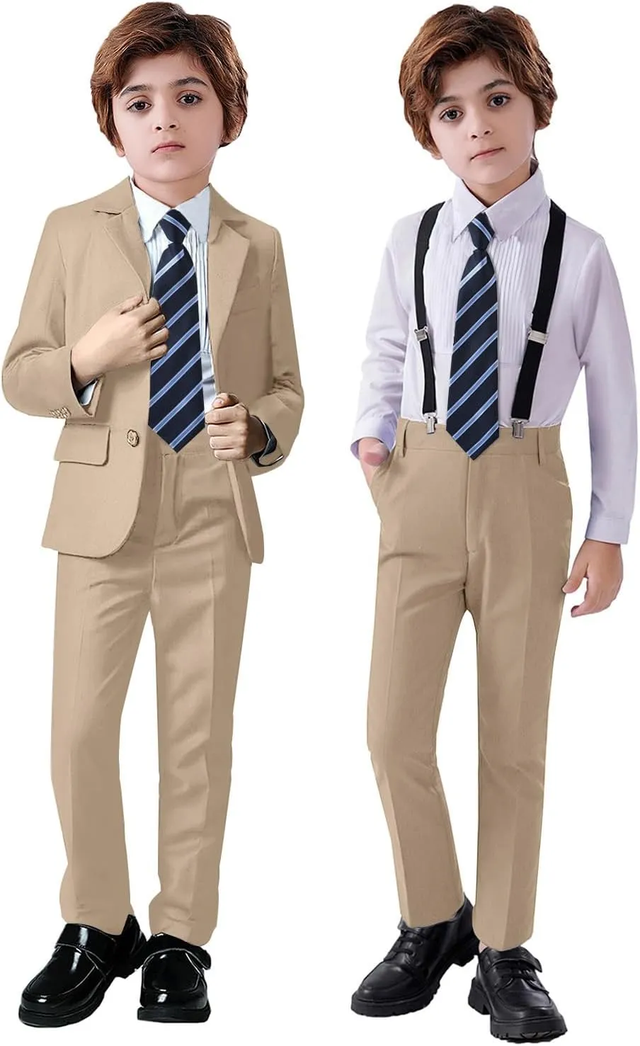 Boy's Suit 5pcs Tuxedo Suit for Toddler Set Formal Slim Fit Jacket Pants Shirt Dress Ring Bearer Outfit for Kids with Tie