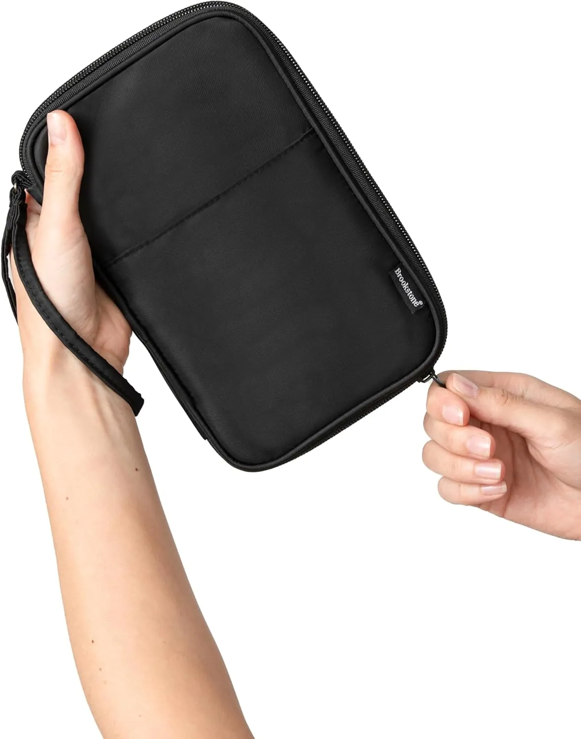 Brookstone Passport Holder - Durable Family Travel Document Wallet Organizer Essentials with RFID-Blocking and Wristlet Strap, Black