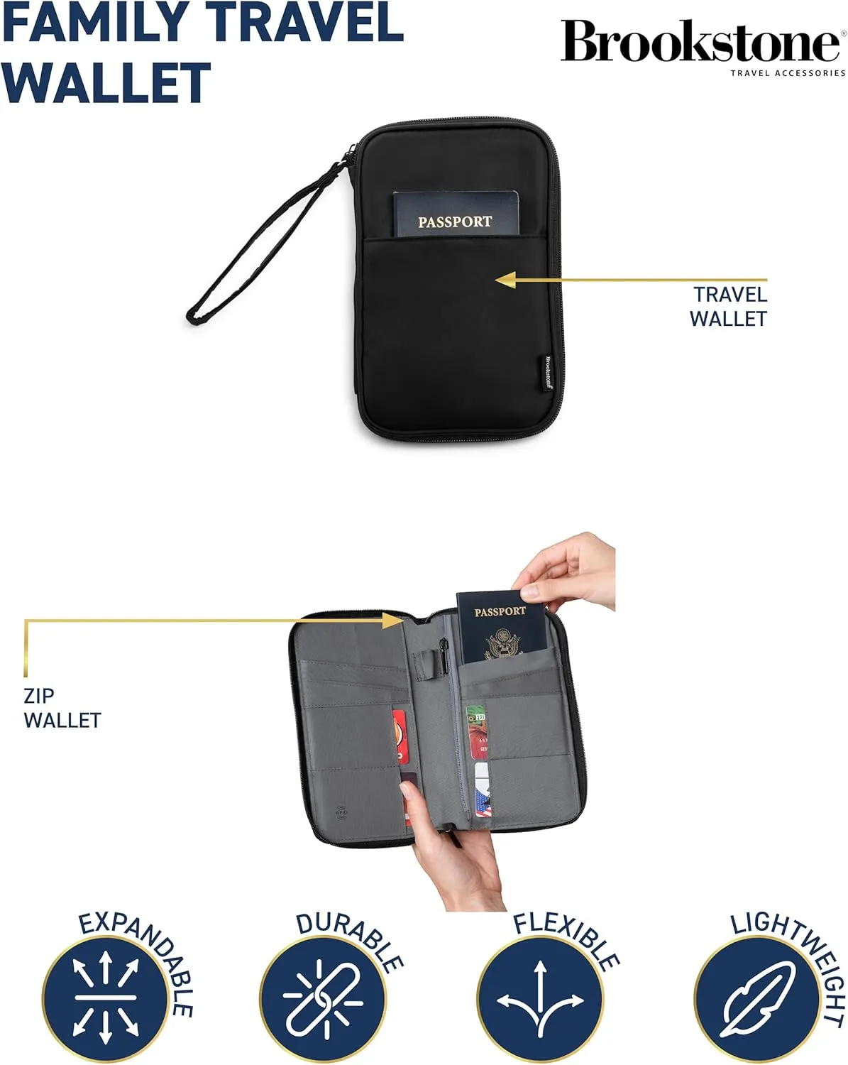 Brookstone Passport Holder - Durable Family Travel Document Wallet Organizer Essentials with RFID-Blocking and Wristlet Strap, Black