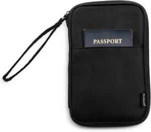 Brookstone Passport Holder - Durable Family Travel Document Wallet Organizer Essentials with RFID-Blocking and Wristlet Strap, Black