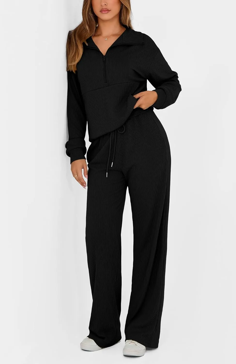 BTFBM Womens 2 Piece Sweatsuits Set Long Sleeve Half Zip Pullover Sweatshirt Wide Leg Sweatpants Fall Outfits Tracksuit