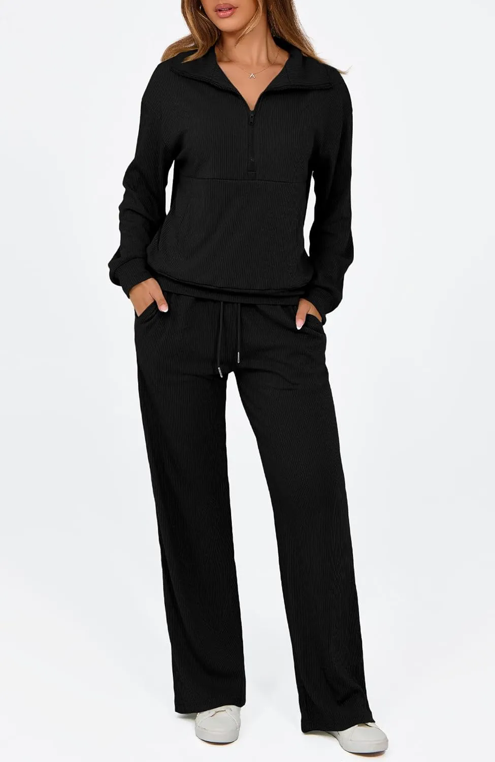 BTFBM Womens 2 Piece Sweatsuits Set Long Sleeve Half Zip Pullover Sweatshirt Wide Leg Sweatpants Fall Outfits Tracksuit