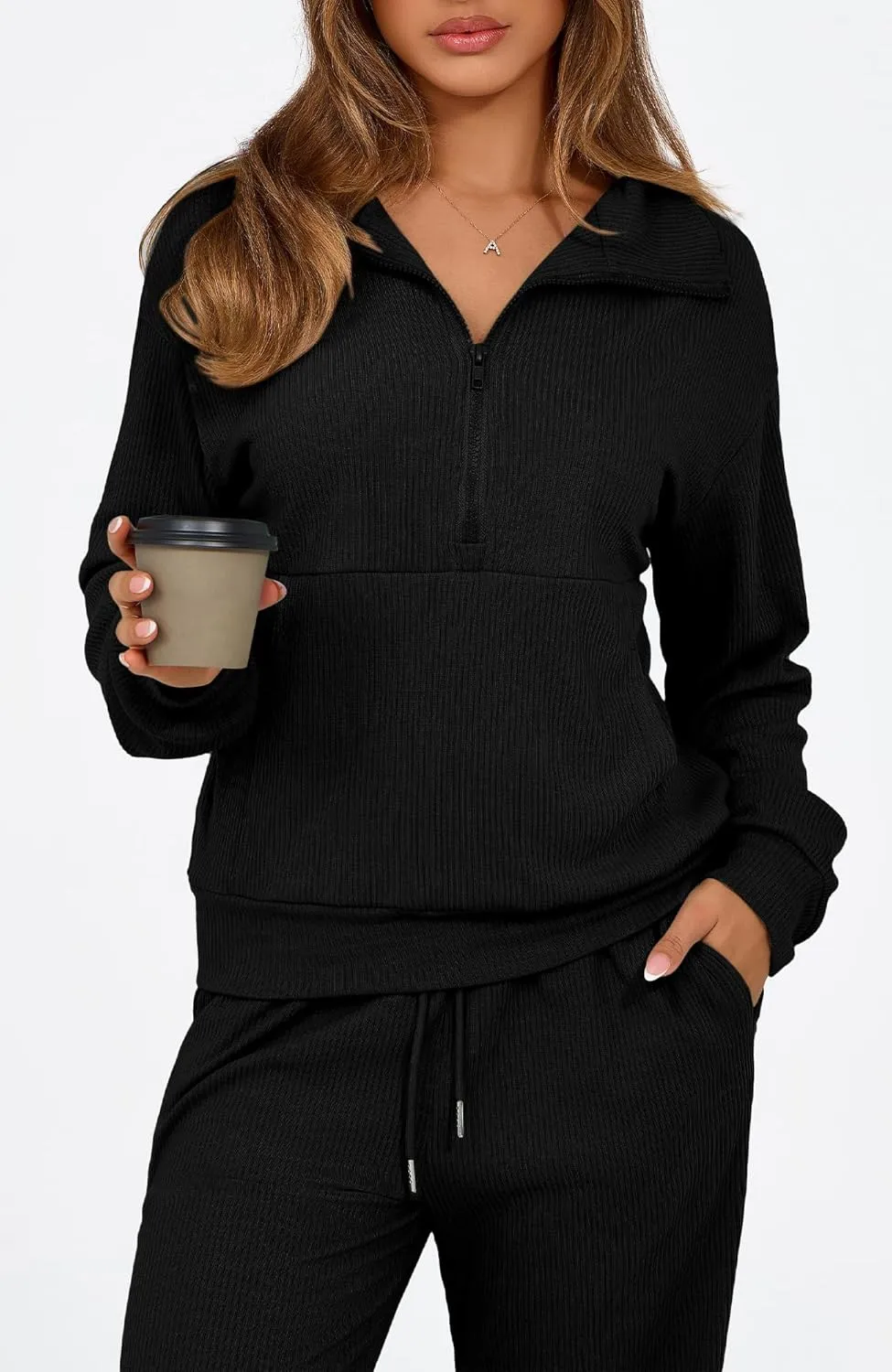BTFBM Womens 2 Piece Sweatsuits Set Long Sleeve Half Zip Pullover Sweatshirt Wide Leg Sweatpants Fall Outfits Tracksuit