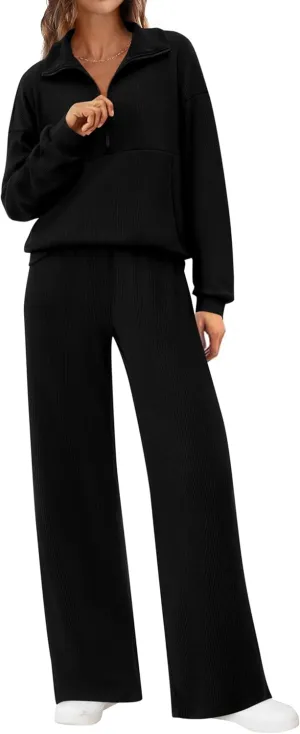 BTFBM Womens 2 Piece Sweatsuits Set Long Sleeve Half Zip Pullover Sweatshirt Wide Leg Sweatpants Fall Outfits Tracksuit