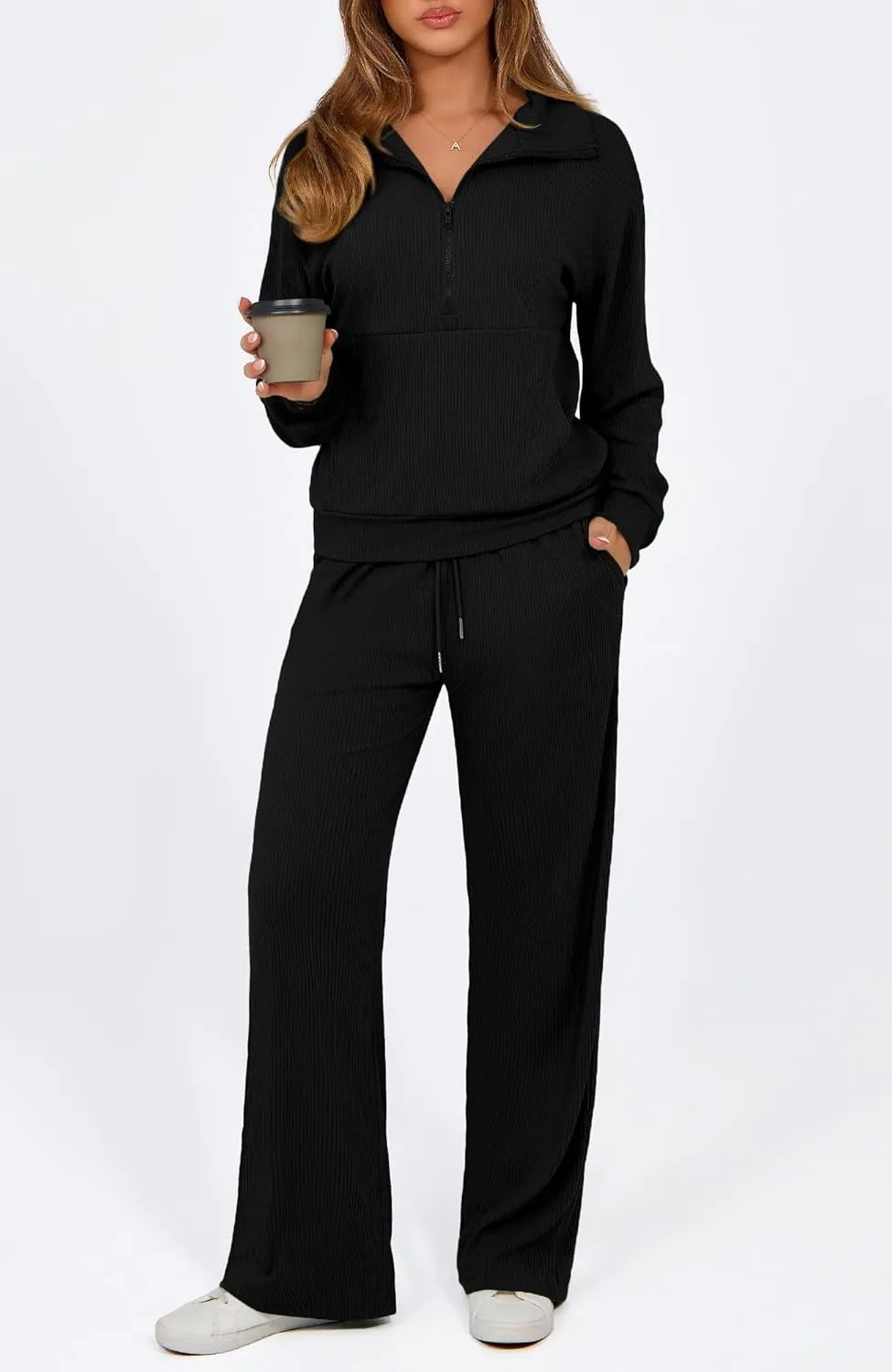 BTFBM Womens 2 Piece Sweatsuits Set Long Sleeve Half Zip Pullover Sweatshirt Wide Leg Sweatpants Fall Outfits Tracksuit