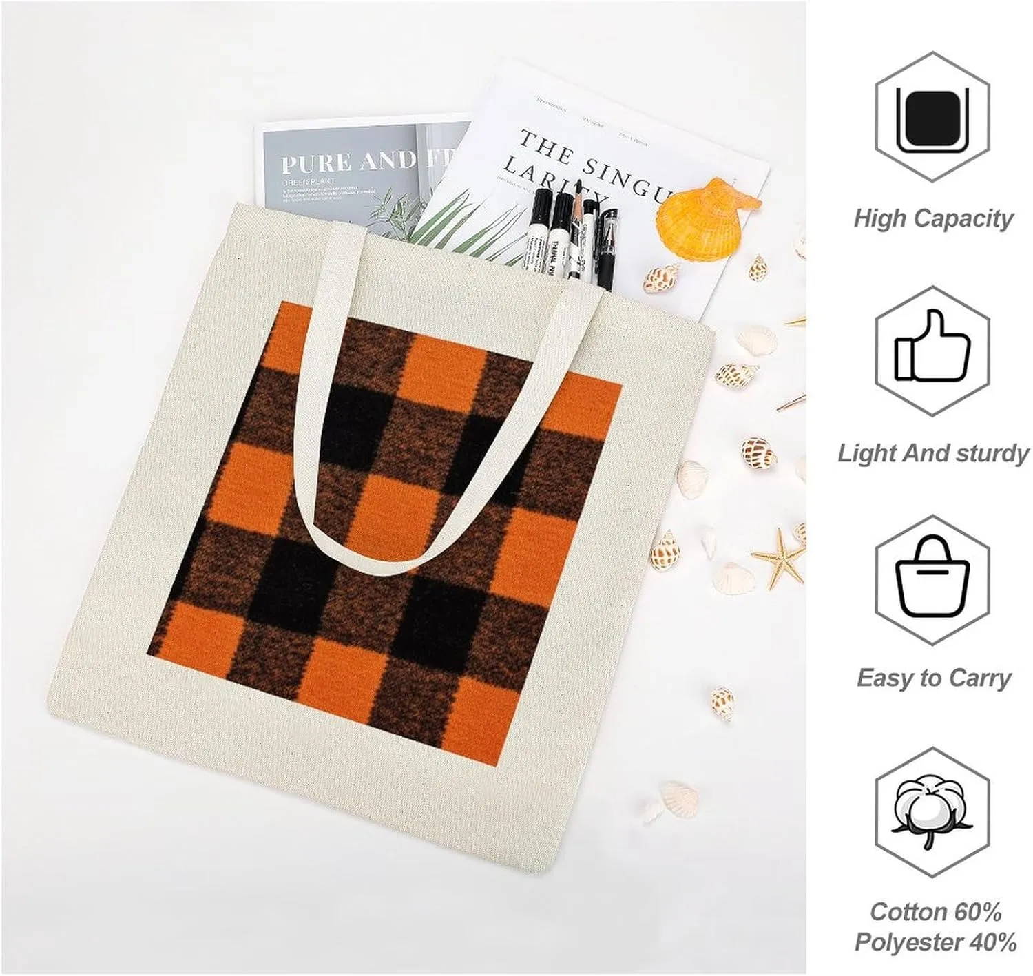 Buffalo Check Halloween Orange And Black The Tote Bag Decorations Reusable Shoulder Tote Bag for Shopping, Gym
