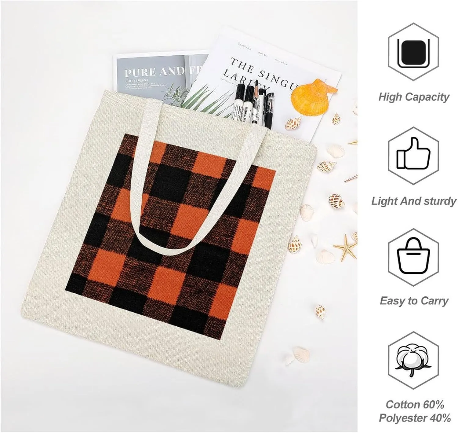 Buffalo Check Halloween Orange And Black The Tote Bag Decorations Reusable Shoulder Tote Bag for Shopping, Gym