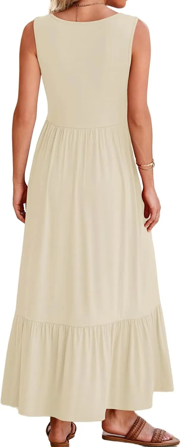 Canbebig Maxi Dresses for Women 2025 Square Neck Pleated Swing Casual Dress Sleeveless A Line Flowy Beach Dress Long Sundress