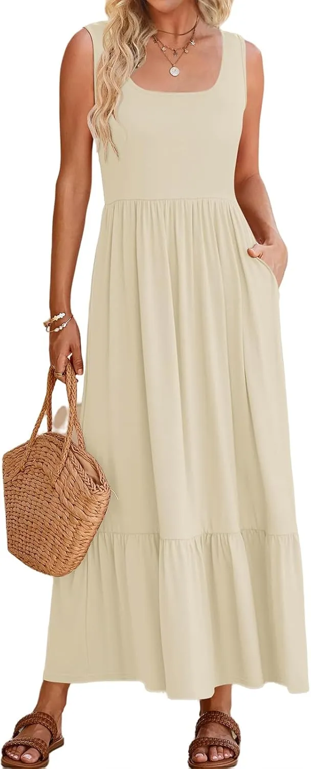 Canbebig Maxi Dresses for Women 2025 Square Neck Pleated Swing Casual Dress Sleeveless A Line Flowy Beach Dress Long Sundress