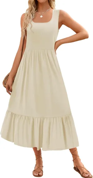 Canbebig Maxi Dresses for Women 2025 Square Neck Pleated Swing Casual Dress Sleeveless A Line Flowy Beach Dress Long Sundress