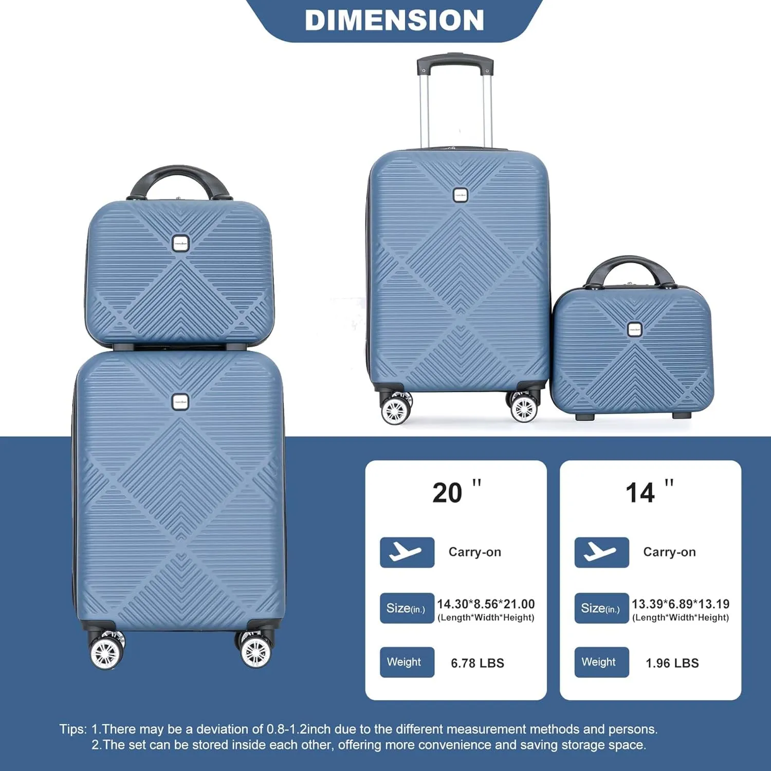 Carry-on Luggage 22x14x9 Airline Approved, 20 Inch Carry on Luggage with Wheels, Hardside Carry On Luggage Set & International Hardshell Luggage Sets 2 Piece with 14 Inch Case (Blue)