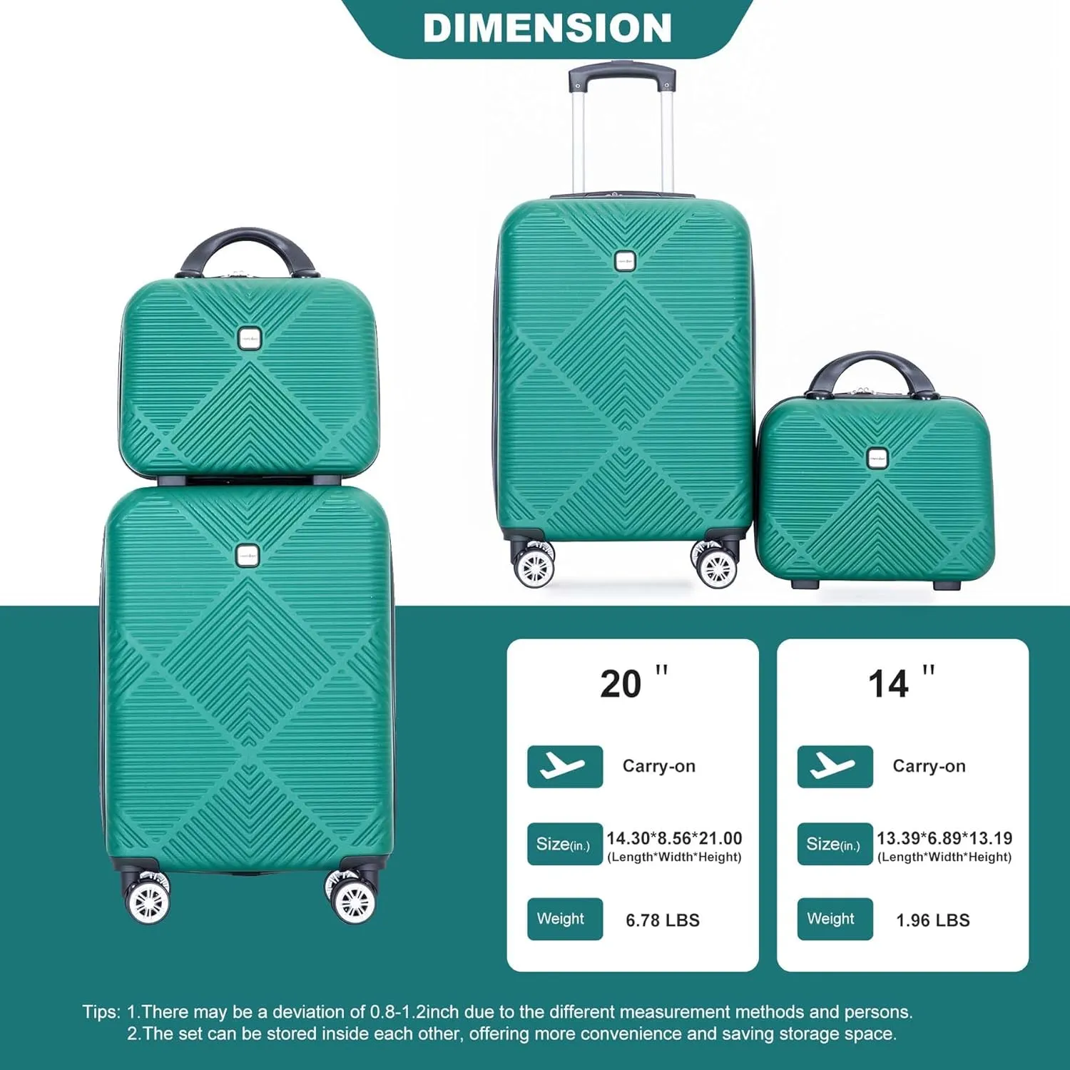 Carry-on Luggage 22x14x9 Airline Approved, 20 Inch Carry on Luggage with Wheels, Hardside Carry On Luggage Set & International Hardshell Luggage Sets 2 Piece with 14 Inch Case (Dark Green)