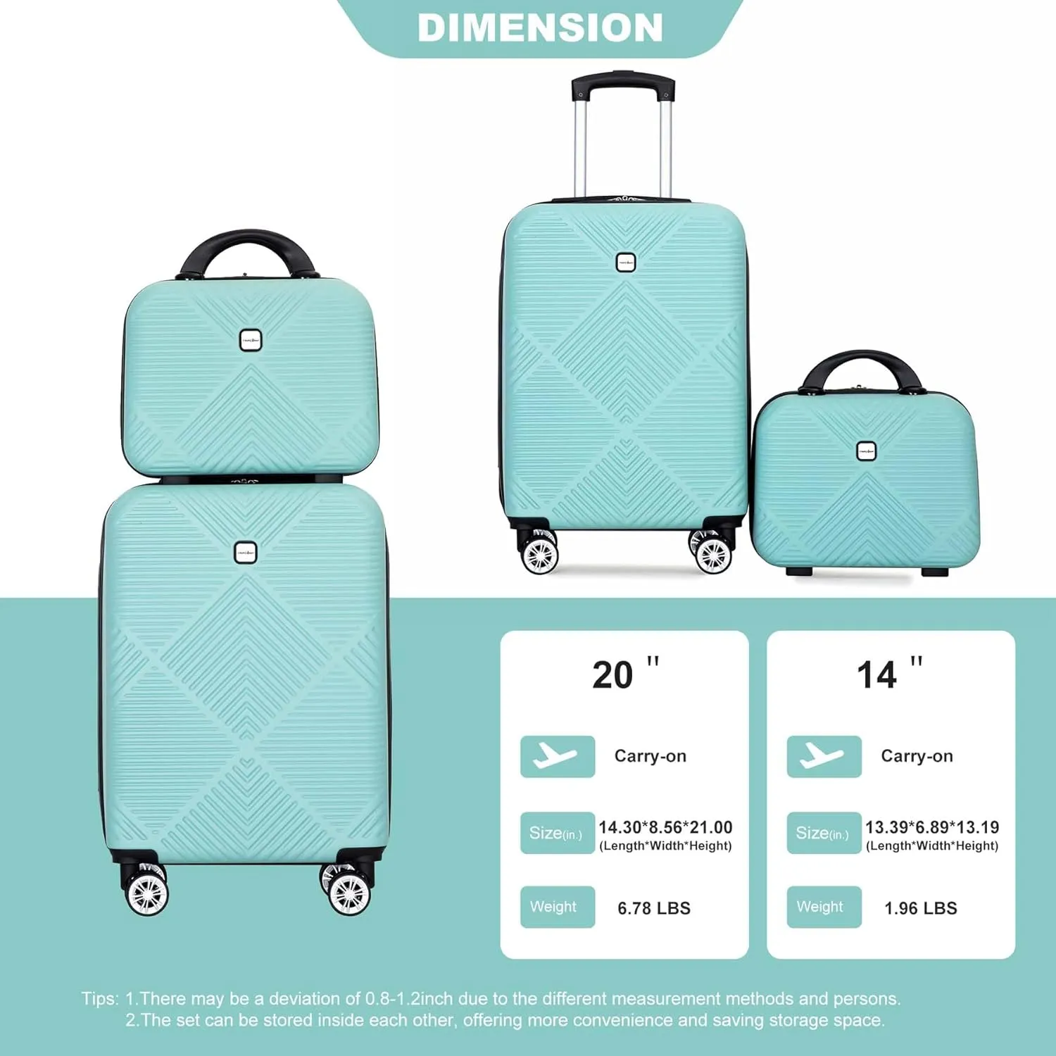 Carry-on Luggage 22x14x9 Airline Approved, 20 Inch Carry on Luggage with Wheels, Hardside Carry On Luggage Set & International Hardshell Luggage Sets 2 Piece with 14 Inch Case (Light Blue)