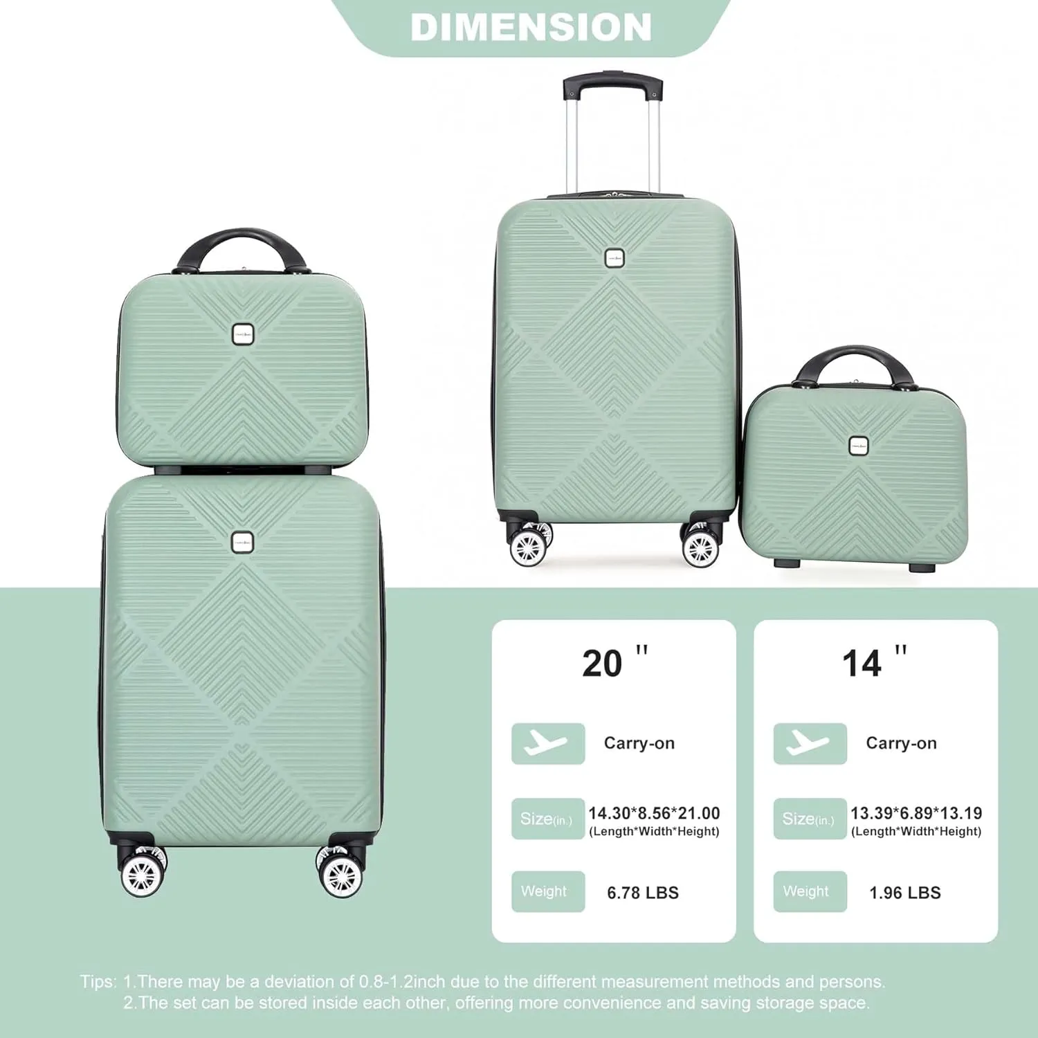 Carry-on Luggage 22x14x9 Airline Approved, 20 Inch Carry on Luggage with Wheels, Hardside Carry On Luggage Set & International Hardshell Luggage Sets 2 Piece with 14 Inch Case (Olive Green)
