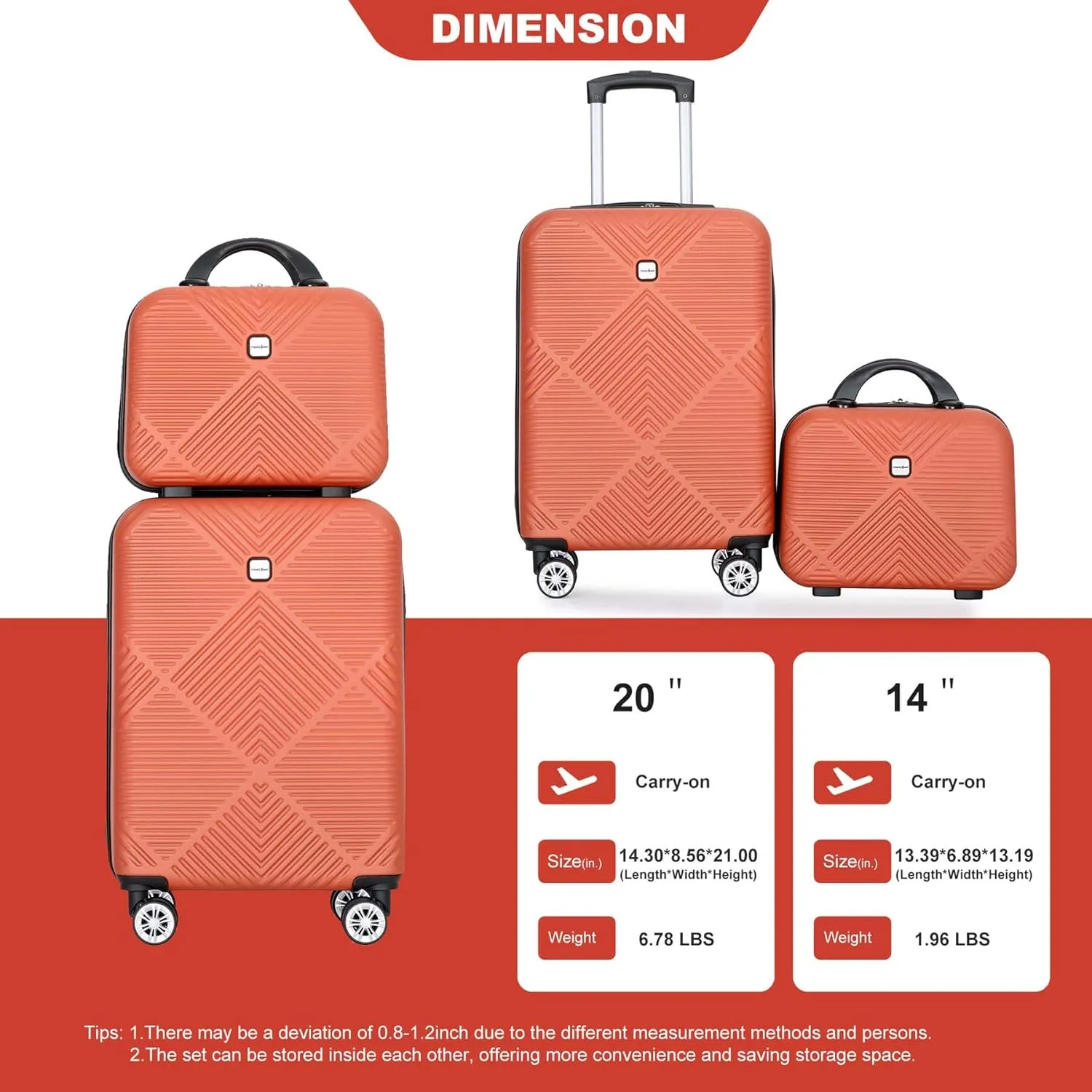 Carry-on Luggage 22x14x9 Airline Approved, 20 Inch Carry on Luggage with Wheels, Hardside Carry On Luggage Set & International Hardshell Luggage Sets 2 Piece with 14 Inch Case (Orange Dark Orange)