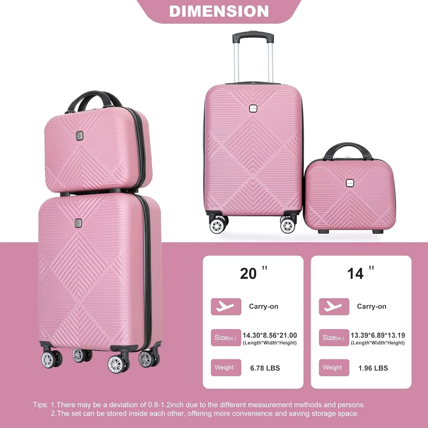 Carry-on Luggage 22x14x9 Airline Approved, 20 Inch Carry on Luggage with Wheels, Hardside Carry On Luggage Set & International Hardshell Luggage Sets 2 Piece with 14 Inch Case (Pink)