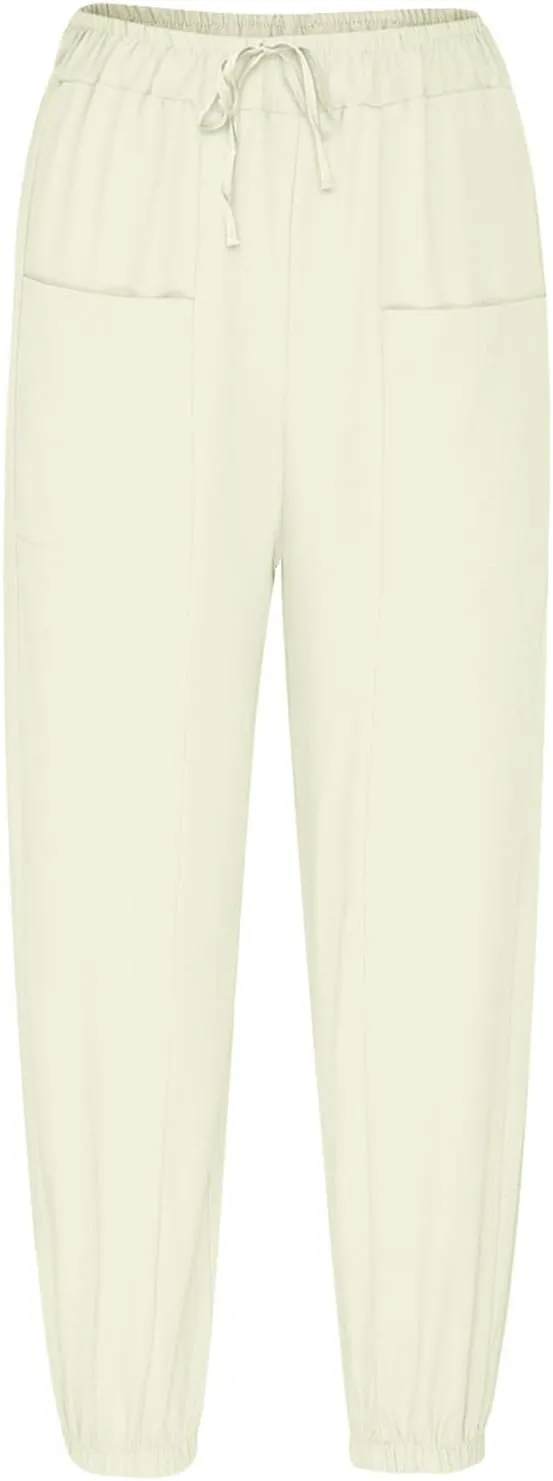 Casual Pants for Women High Waist Wide Leg Trousers Nine Tenths Length Lightweight Linen Blend Elastic Waist