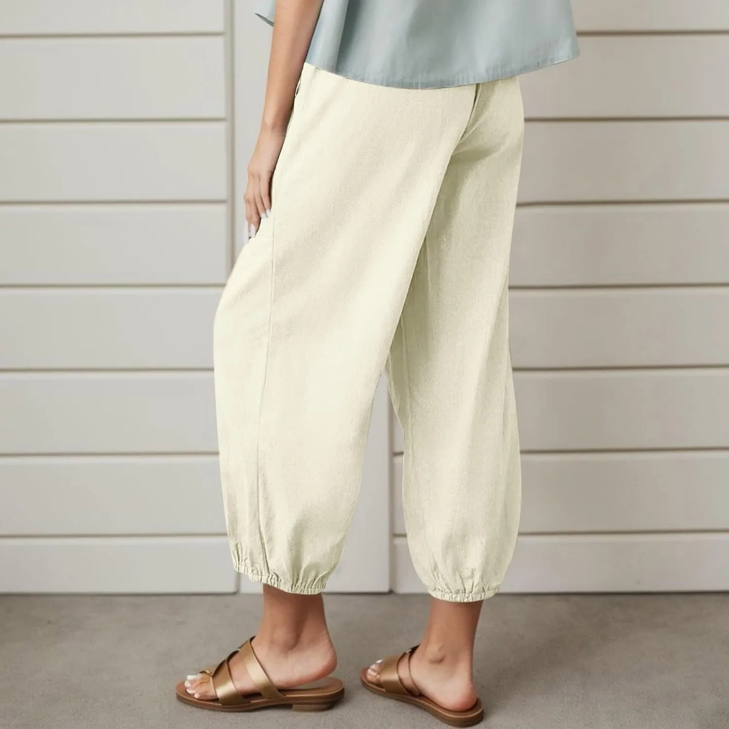 Casual Pants for Women High Waist Wide Leg Trousers Nine Tenths Length Lightweight Linen Blend Elastic Waist