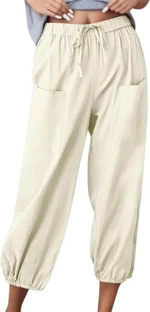 Casual Pants for Women High Waist Wide Leg Trousers Nine Tenths Length Lightweight Linen Blend Elastic Waist