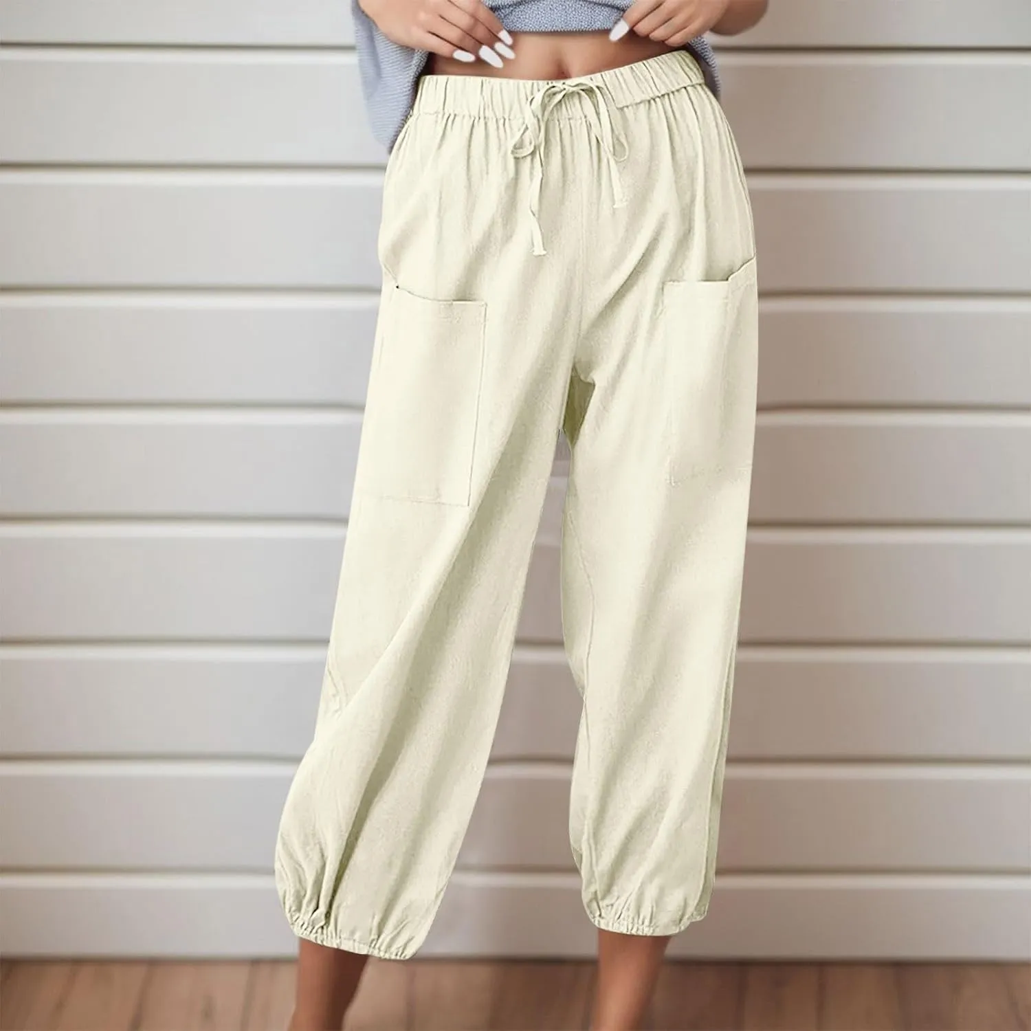 Casual Pants for Women High Waist Wide Leg Trousers Nine Tenths Length Lightweight Linen Blend Elastic Waist