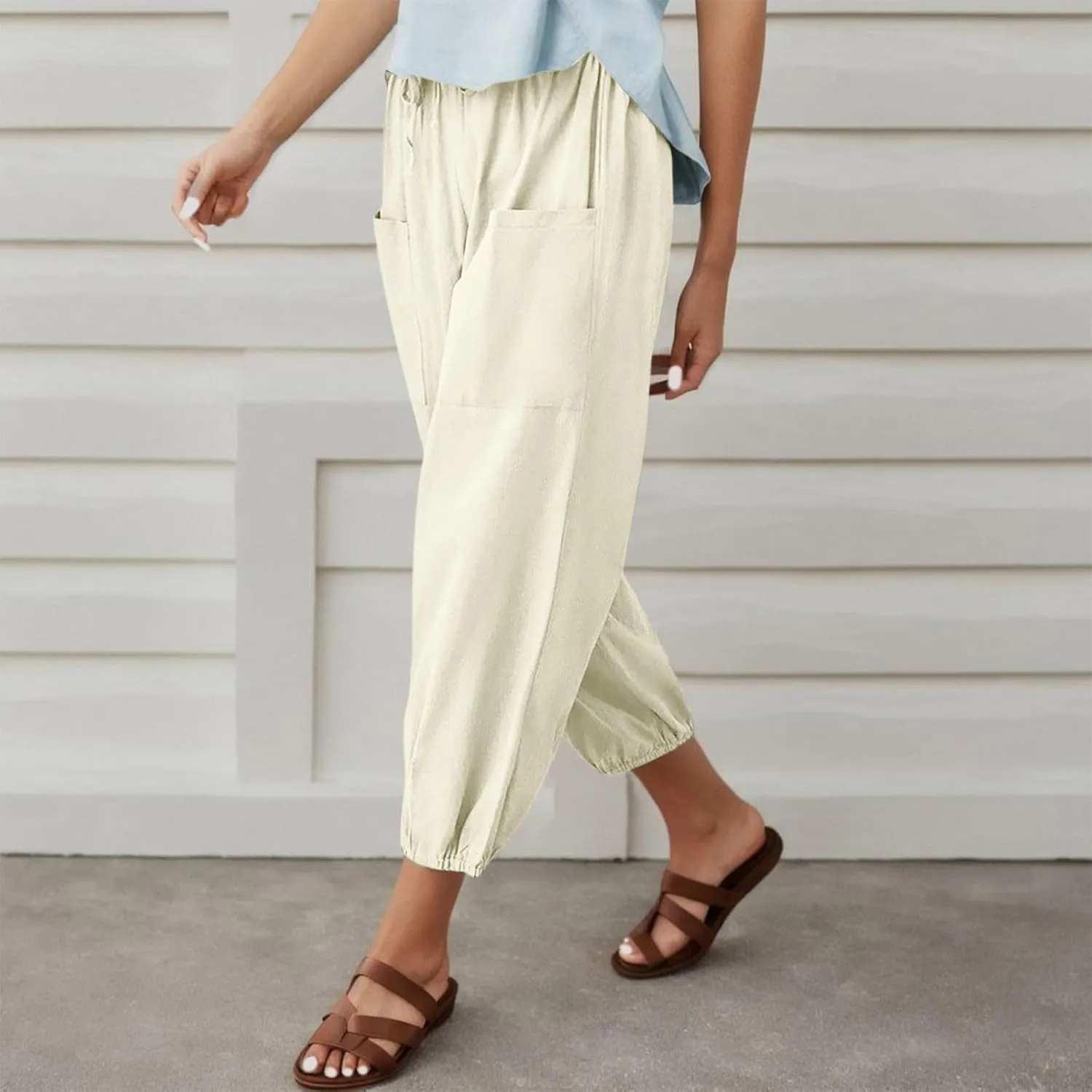 Casual Pants for Women High Waist Wide Leg Trousers Nine Tenths Length Lightweight Linen Blend Elastic Waist