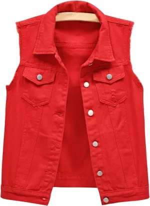 CHARTOU Women's Ripped Lapel Collar Button Up Sleeveless Frayed Denim Vest Jacket