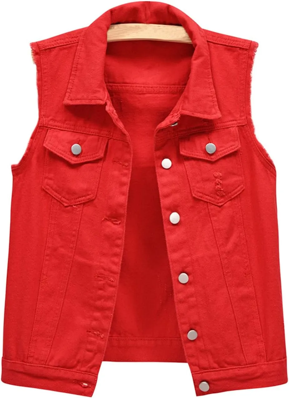 CHARTOU Women's Ripped Lapel Collar Button Up Sleeveless Frayed Denim Vest Jacket