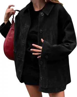 chouyatou Women's Fall Boyfriend Faux Suede Leather Jacket Casual Midi Long Button Down Shacket Coat