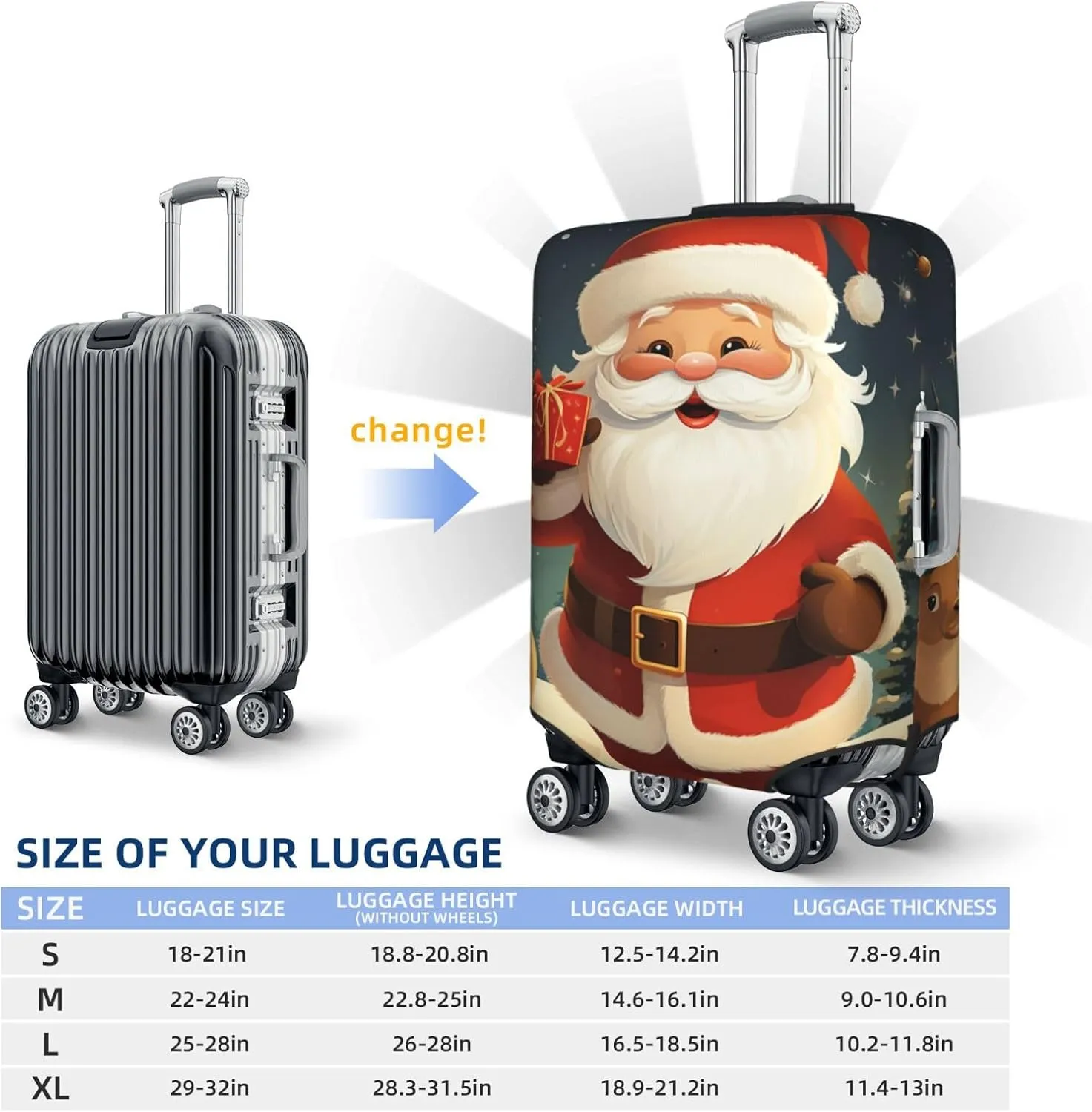 Christmas Santa Claus Luggage Cover for Suitcase Tsa Approved, Spandex Stretch Suitcase Protector Washable Baggage Covers Travel Luggage Sleeve Large Suit Case Cover Fit 18-32 Inch
