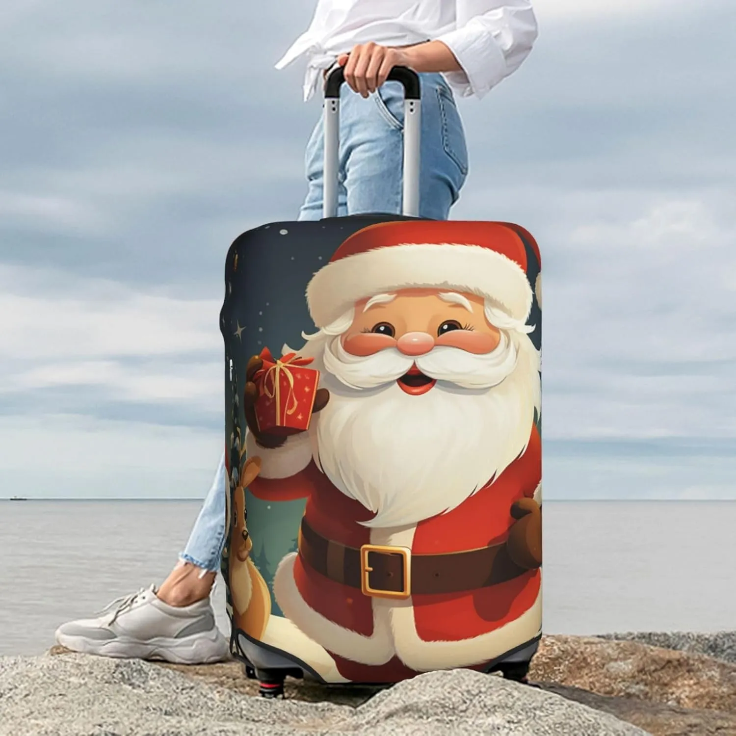 Christmas Santa Claus Luggage Cover for Suitcase Tsa Approved, Spandex Stretch Suitcase Protector Washable Baggage Covers Travel Luggage Sleeve Large Suit Case Cover Fit 18-32 Inch