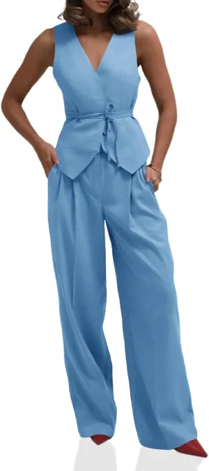 Cicy Bell Womens 2 Piece Outfits V Neck Tie Waist Blazer Vest and Wide Leg Business Casual Suit Pants Sets