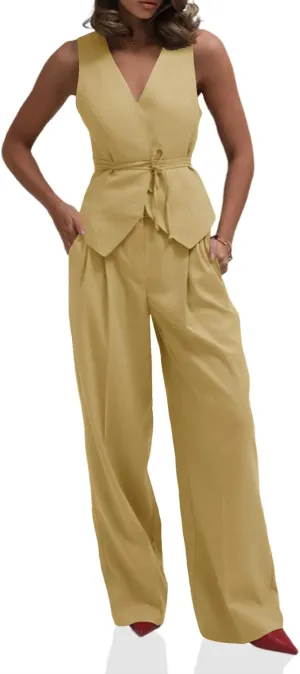 Cicy Bell Womens 2 Piece Outfits V Neck Tie Waist Blazer Vest and Wide Leg Business Casual Suit Pants Sets
