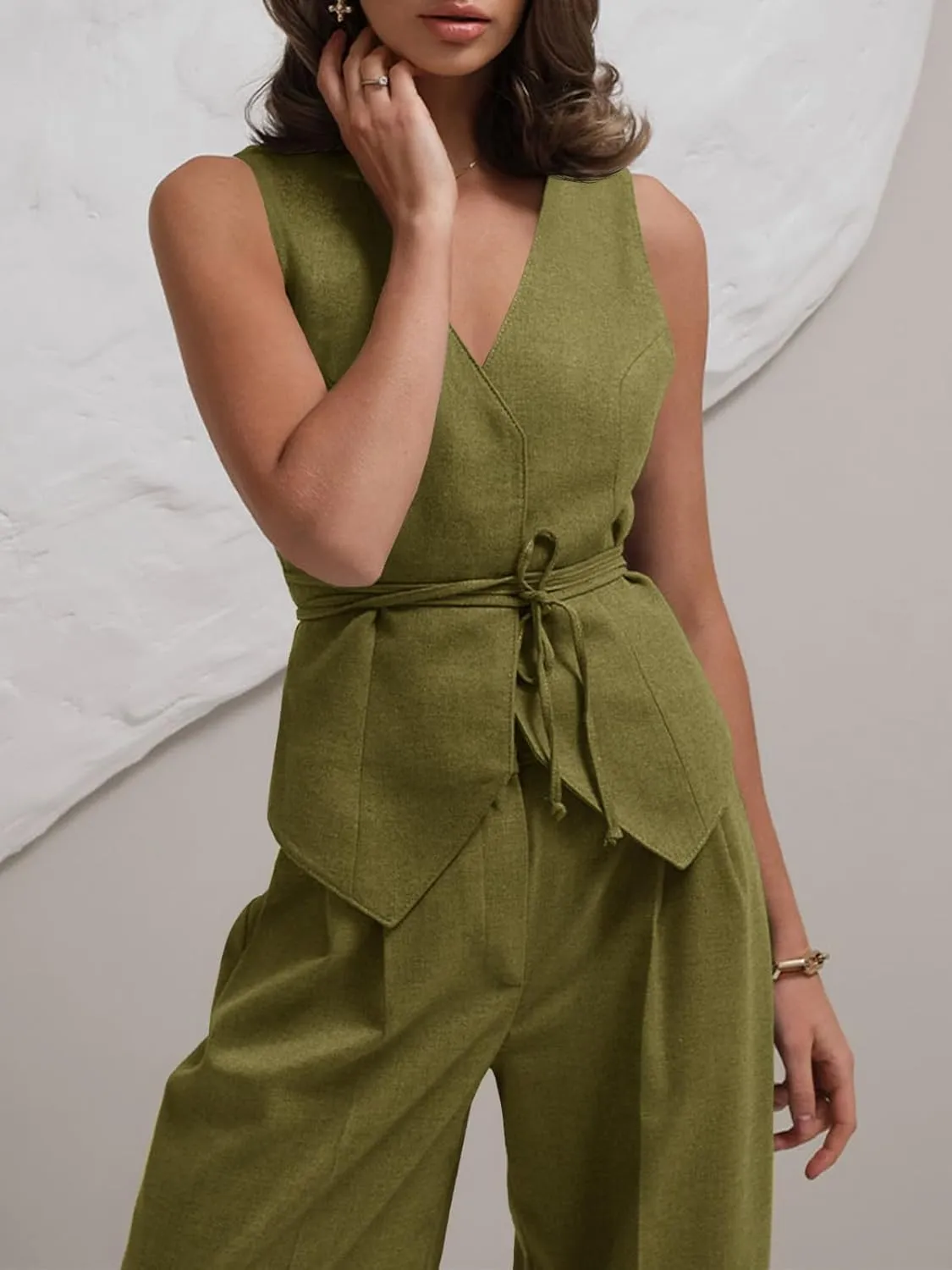 Cicy Bell Womens 2 Piece Outfits V Neck Tie Waist Blazer Vest and Wide Leg Business Casual Suit Pants Sets