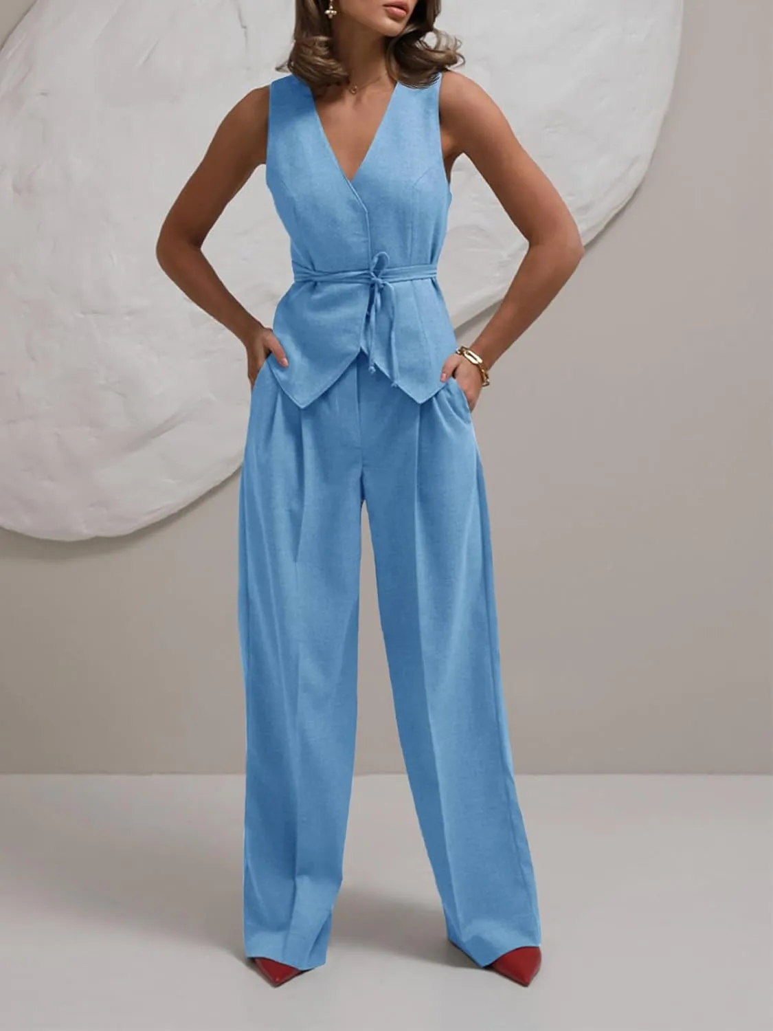Cicy Bell Womens 2 Piece Outfits V Neck Tie Waist Blazer Vest and Wide Leg Business Casual Suit Pants Sets