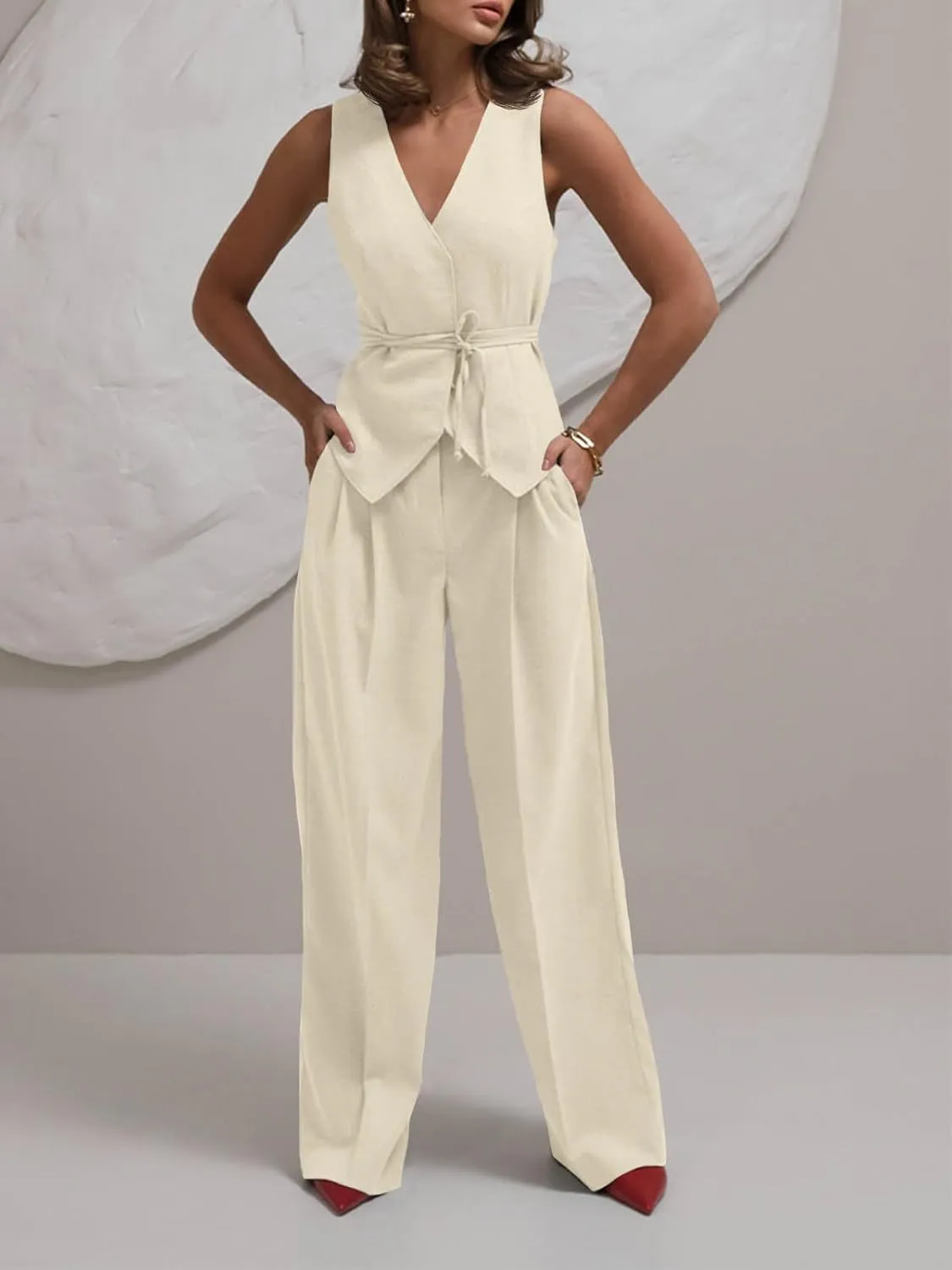 Cicy Bell Womens 2 Piece Outfits V Neck Tie Waist Blazer Vest and Wide Leg Business Casual Suit Pants Sets