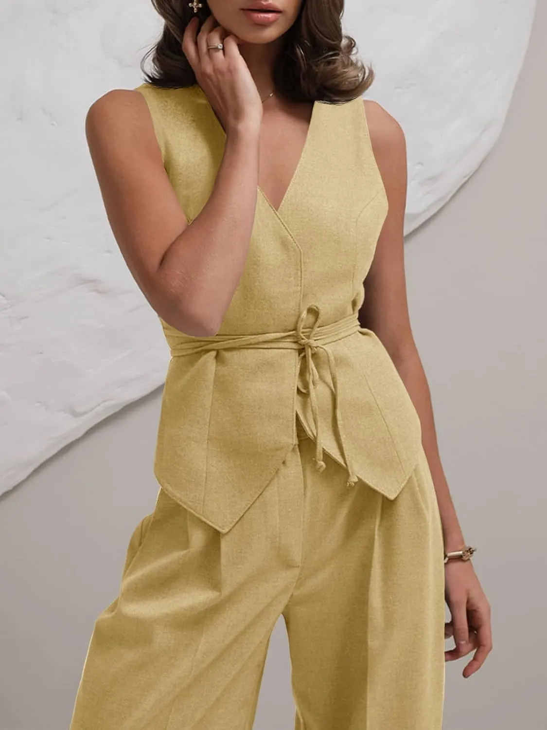 Cicy Bell Womens 2 Piece Outfits V Neck Tie Waist Blazer Vest and Wide Leg Business Casual Suit Pants Sets