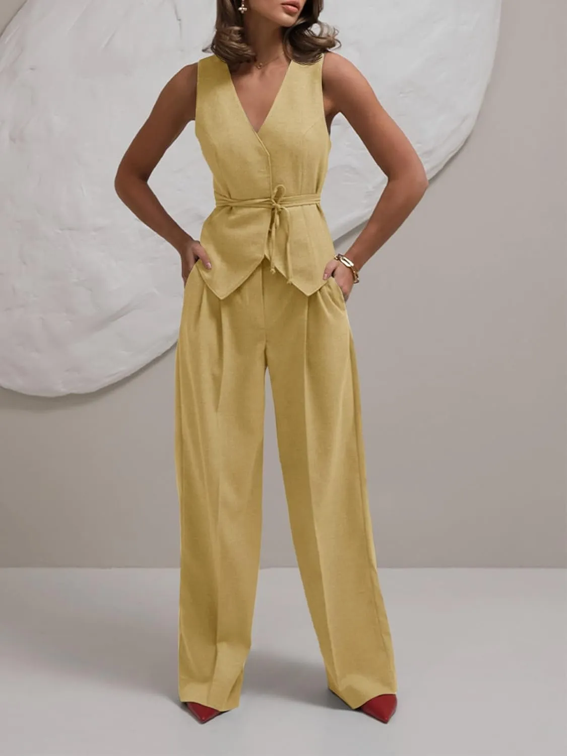 Cicy Bell Womens 2 Piece Outfits V Neck Tie Waist Blazer Vest and Wide Leg Business Casual Suit Pants Sets