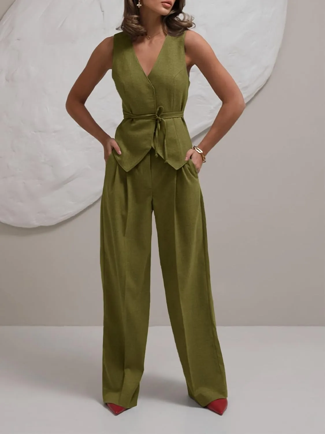 Cicy Bell Womens 2 Piece Outfits V Neck Tie Waist Blazer Vest and Wide Leg Business Casual Suit Pants Sets